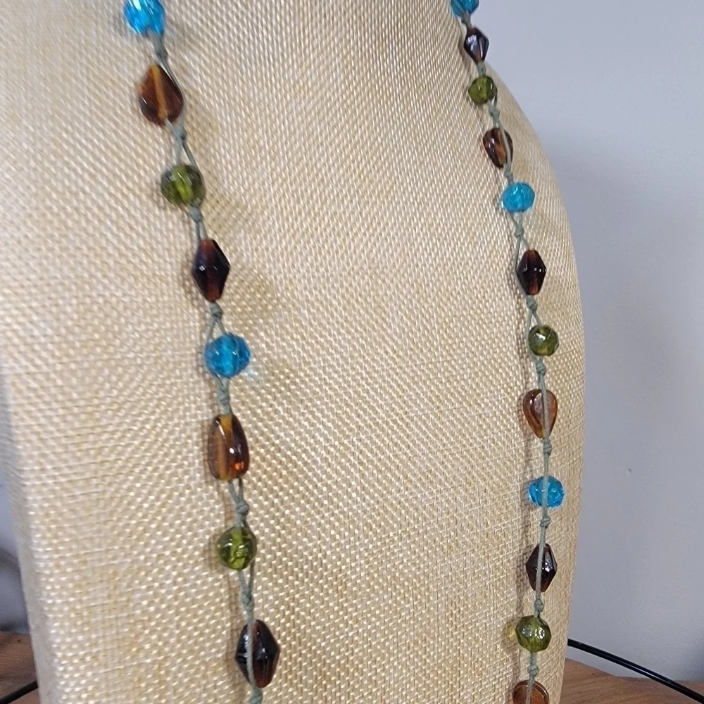 Long beaded Necklace Embroidered Strand Pull over Summer Brown Green Blue Aqua